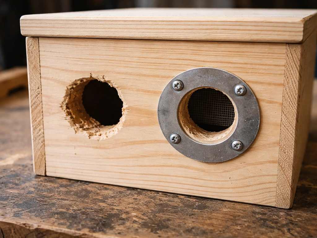 Close-up of a wooden box entrance with a correctly sized predator guard plate and baffle