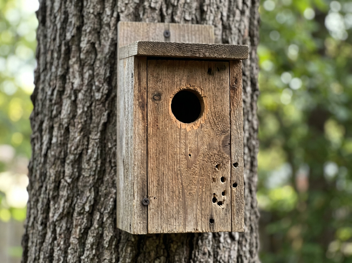 Enclosed cavity nest box with round entrance hole mounted on a tree