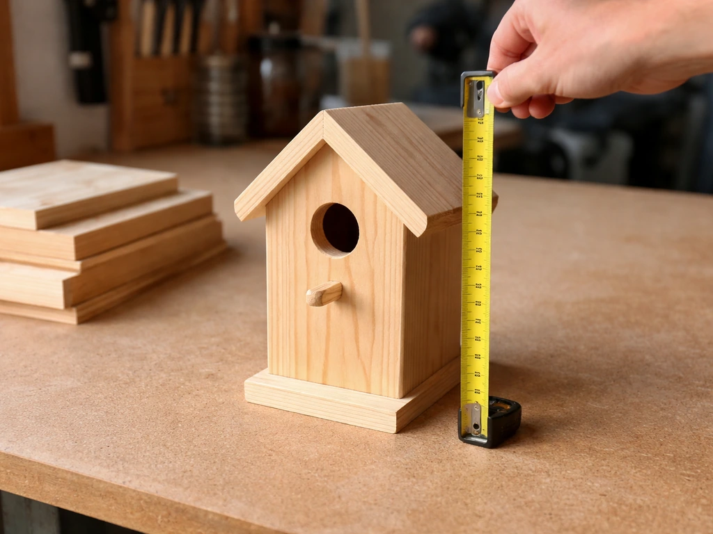 Wooden birdhouse on a workbench with a tape measure placed by the entrance hole area.