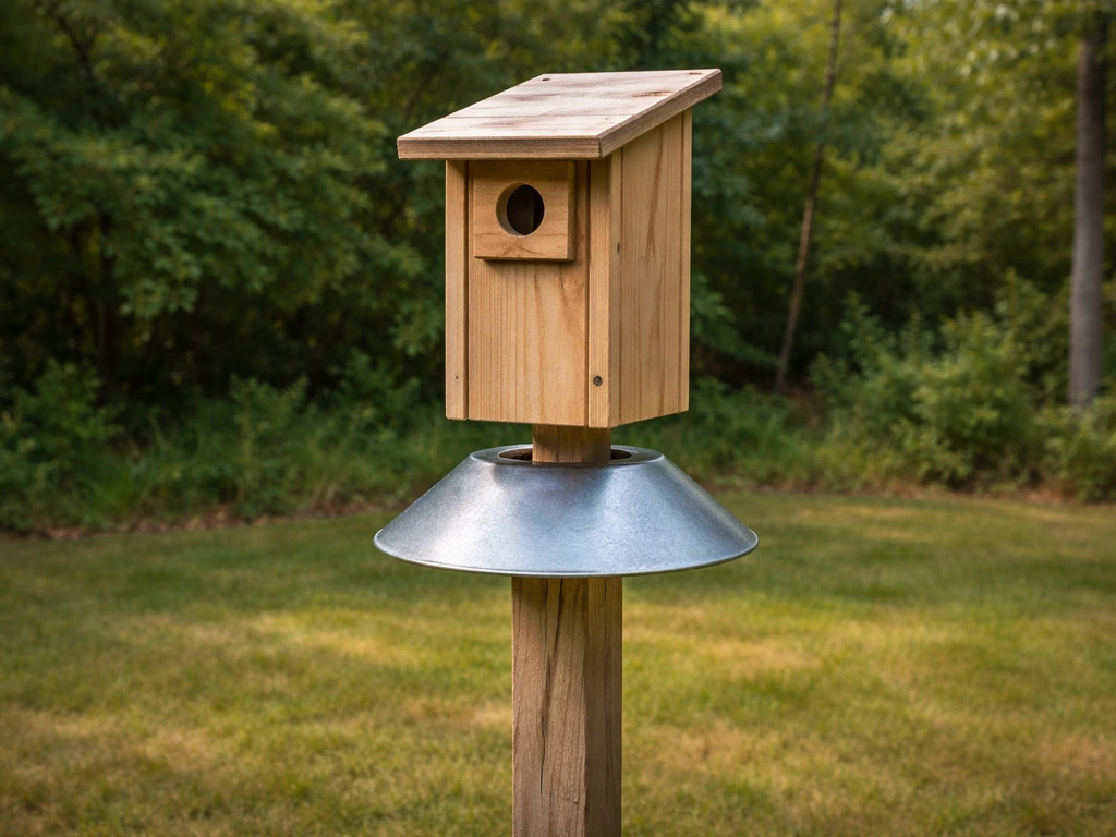 Bluebird nest box mounted on a post with a metal predator guard, spaced away in a quiet yard.