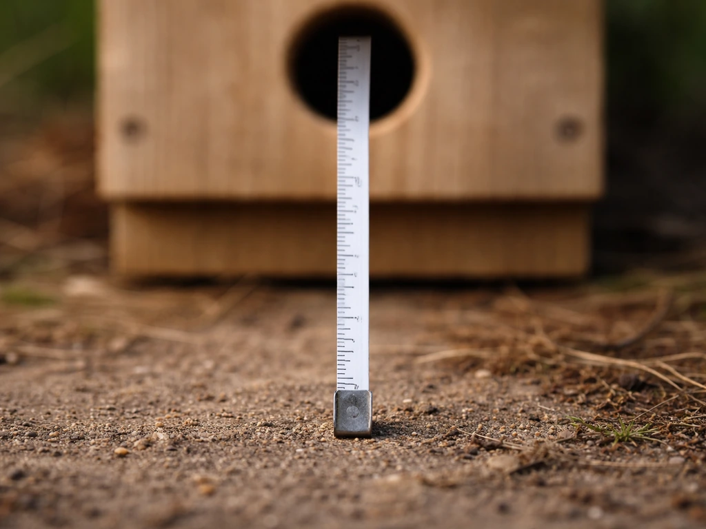 Measuring tape stretched from ground to the bottom edge of a small nest box entrance hole.