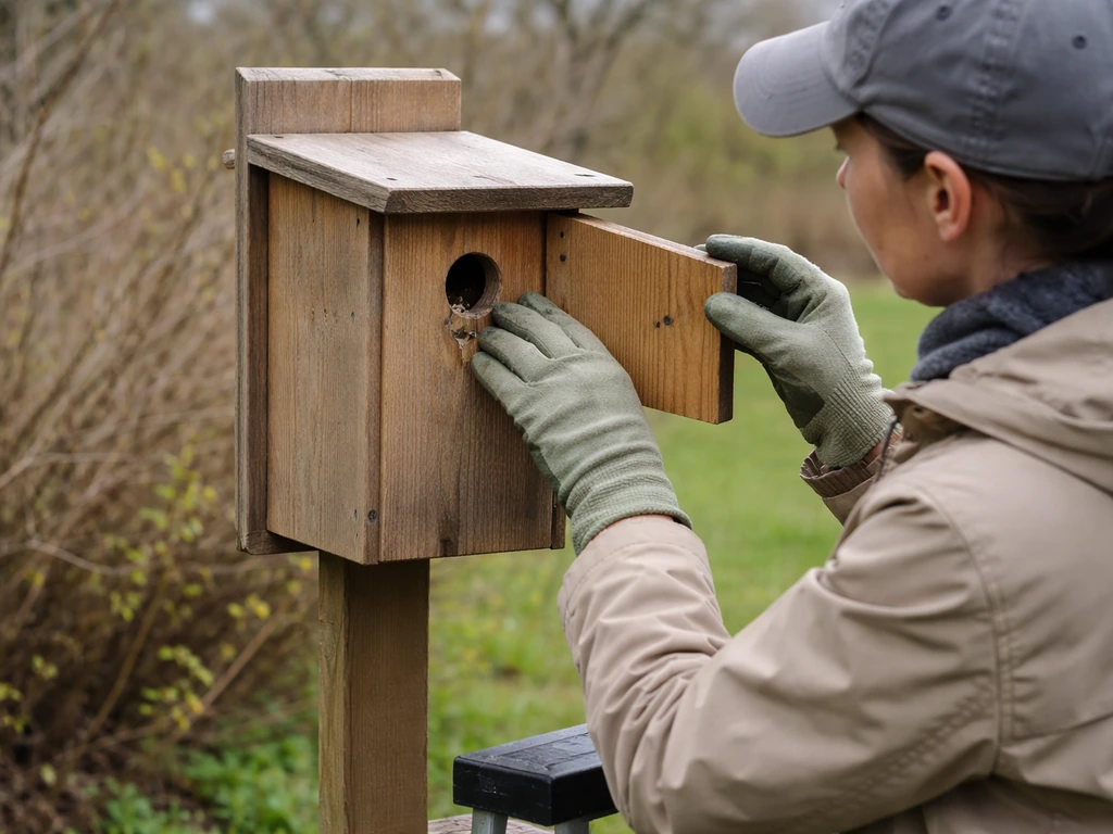 Person in gloves using a step stool to inspect a wooden bird nesting box entrance at ground level.