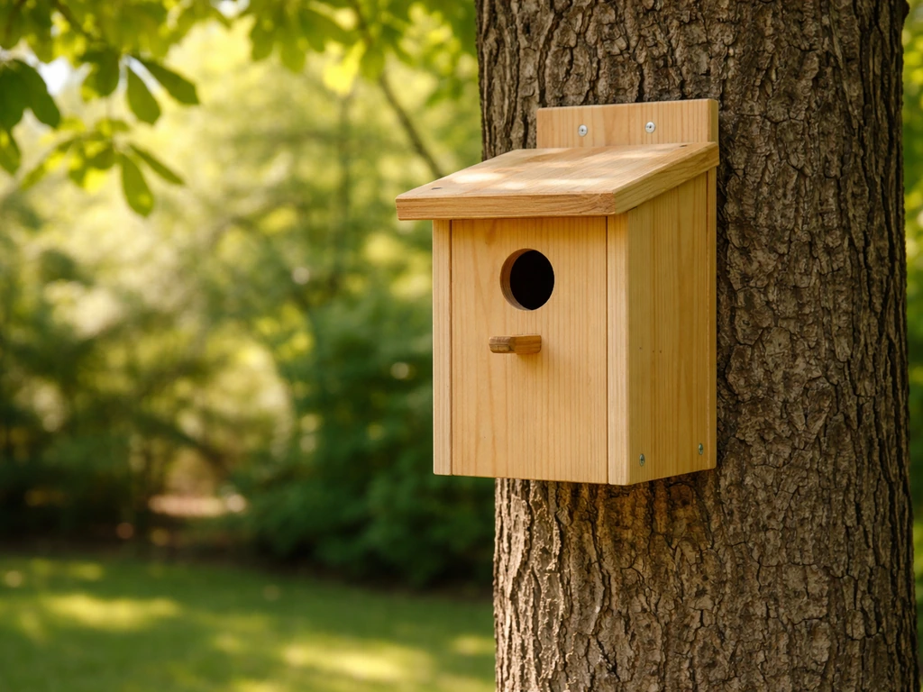 Wooden birdhouse mounted on a tree at correct height with sunlit leaves and shade nearby.