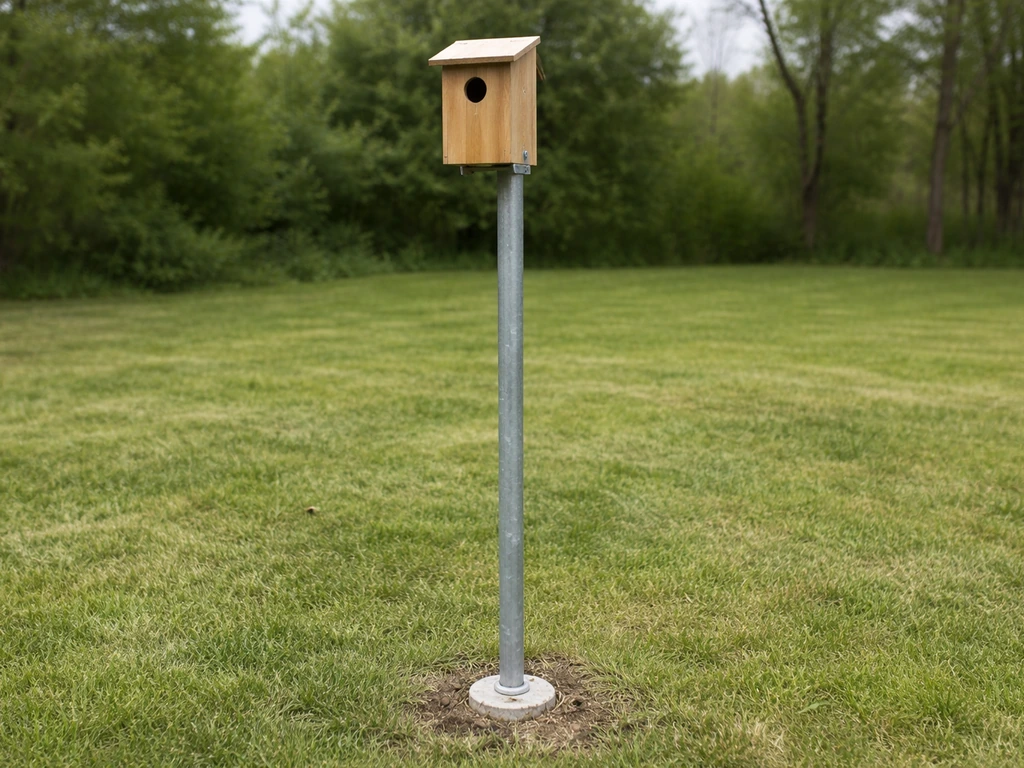 A wooden birdhouse mounted on a plumb freestanding metal post in an open yard.