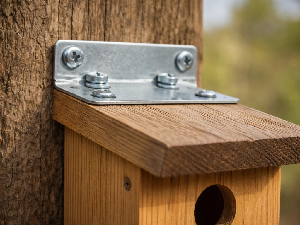 Close-up of a birdhouse mounted with galvanized/stainless screws and metal brackets on a wooden post.