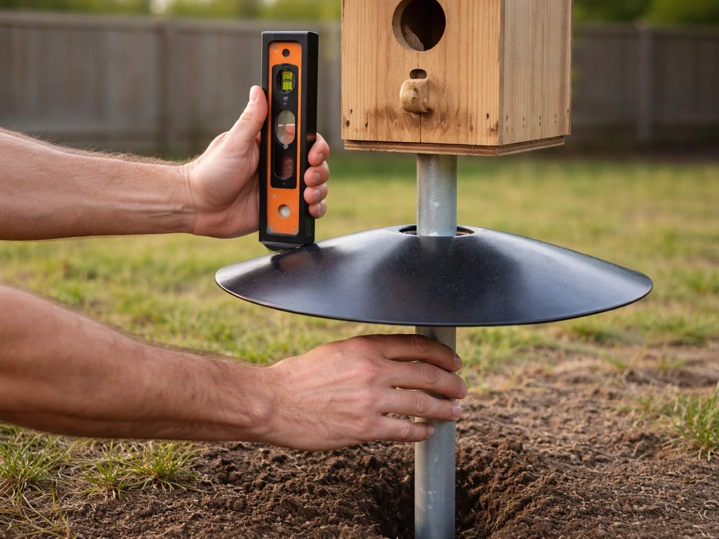 Hands using a level to plumb a pole while positioning a predator baffle for a bird house.