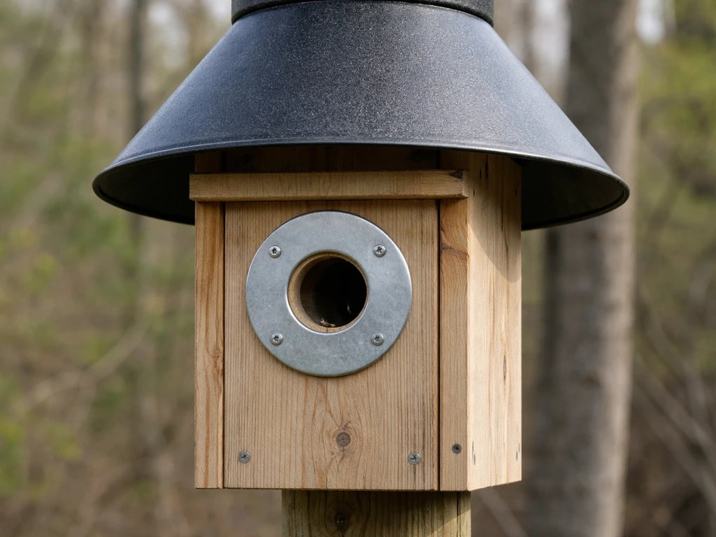 Close-up of a stovepipe-style baffle and cone baffle near a birdhouse entrance protecting against predators