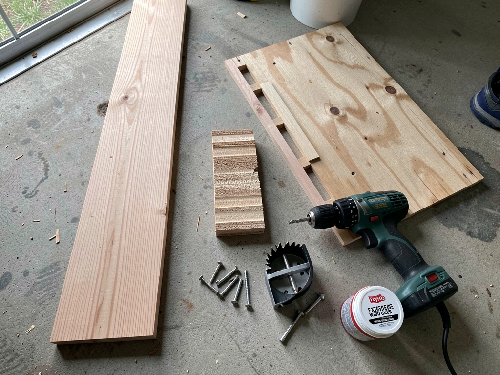 Cedar and exterior plywood materials laid out for building Minnesota winter-ready nest boxes