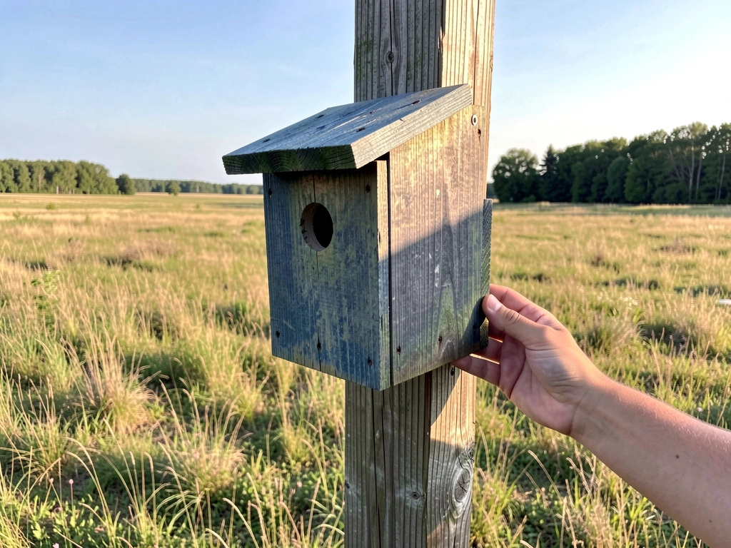 Bluebird nest box mounted at correct height, facing east away from wind, near open grass