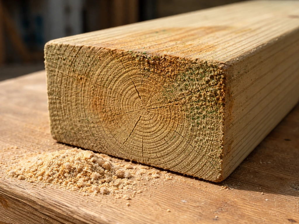 Close-up of pressure-treated wood end grain with copper-toned residue on a workbench.