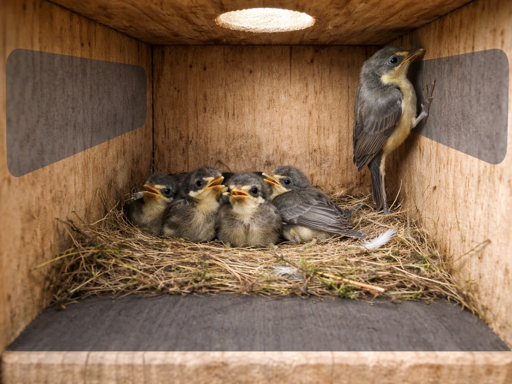 Cutaway birdhouse interior with shaded no-go floor and wall zones near the nest.
