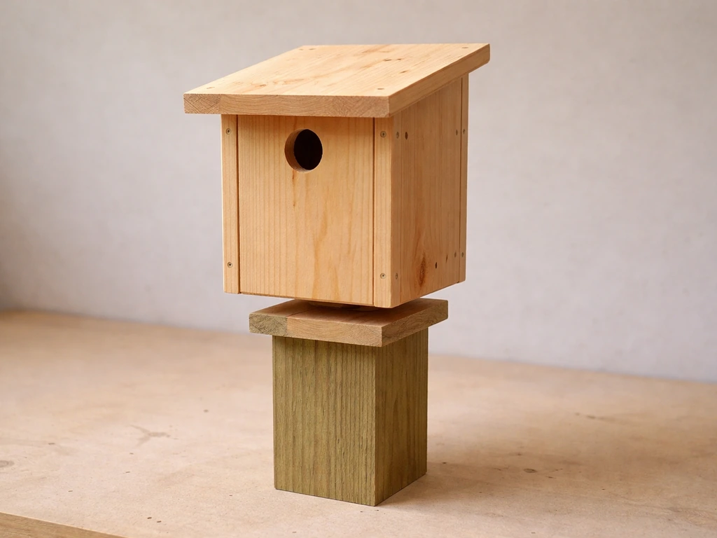 Untreated nest box with all sides visible, separated by a clear gap from a treated wood post.