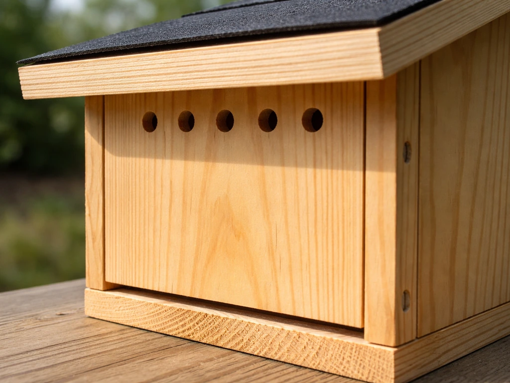 Close-up of a bird house base gap, ventilation holes, and drip-edge roof overhang for water shedding and airflow.