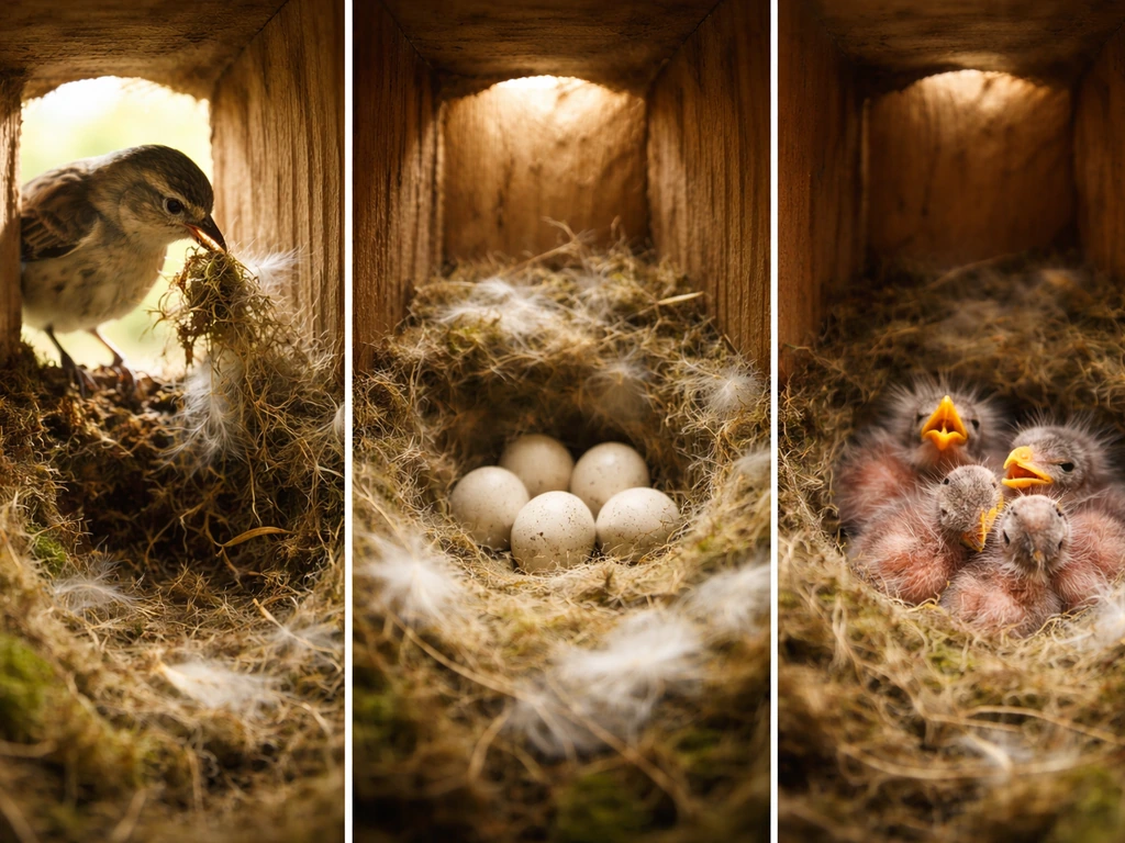 Birdhouse interior showing adult adding nesting material, eggs, and chicks in the cavity.