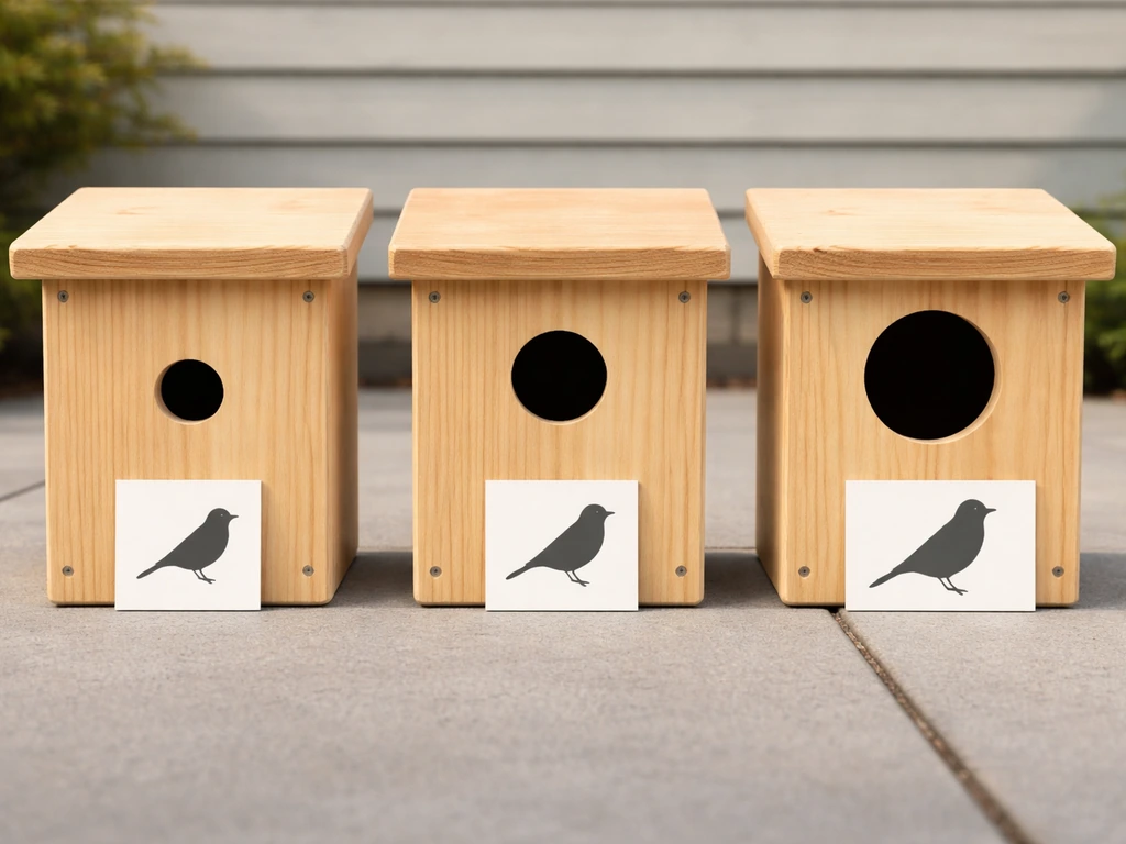 Three birdhouse cavities showing small, correct, and large entrance holes with size reference silhouettes.