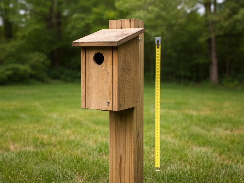 Bluebird-style nest box mounted on a post at proper height with a measuring tape beside it.