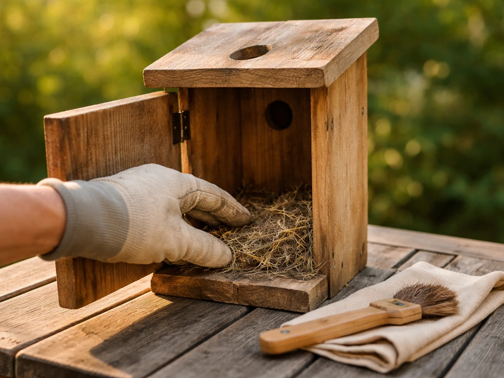 Gloved hand inspecting an open wooden bird nesting box cavity on a porch table, old material removed.