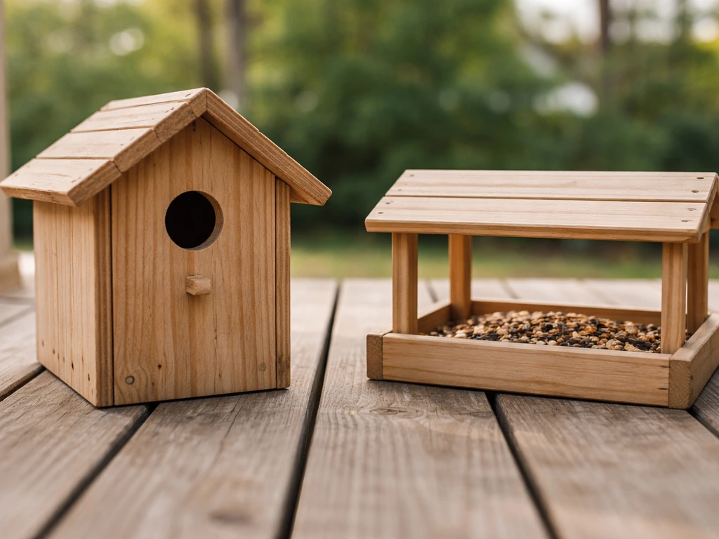 Side-by-side close-up of a wooden birdhouse with entrance hole and an open seed feeder tray.