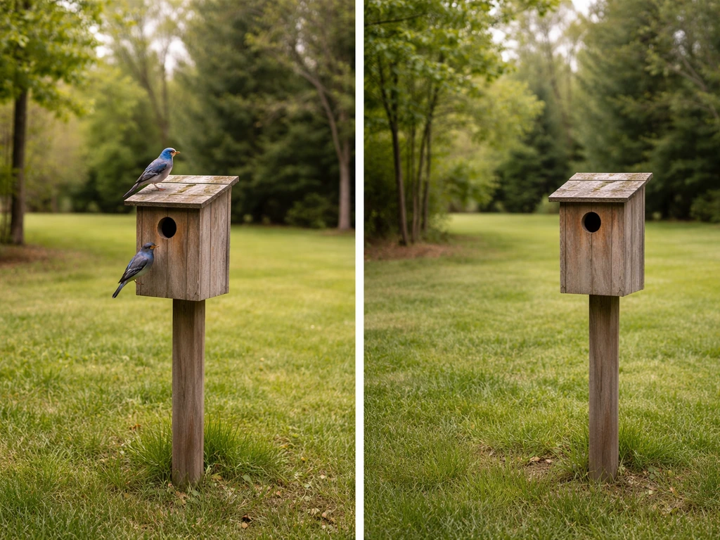 Side-by-side yards: an active bird nest box with birds on one side and an unused box in an empty area on the other.