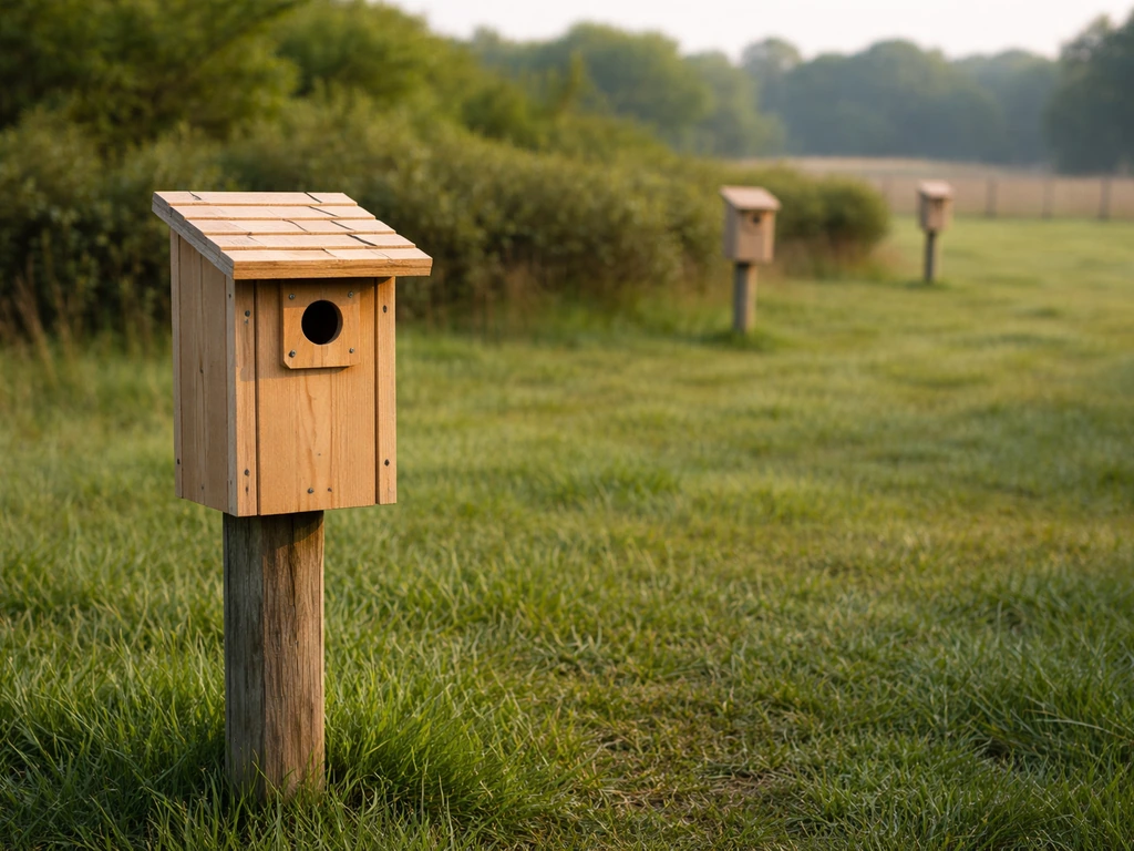 Bluebird nest box on a post in open short-grass habitat, with distant boxes suggesting proper spacing.
