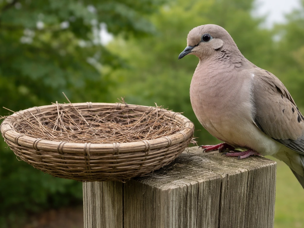 Mourning dove perched beside an open twig-like nest platform on a backyard post
