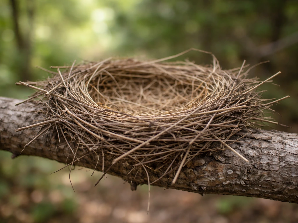 Open twig-platform mourning dove nest resting on a horizontal tree branch, natural and slightly flimsy.