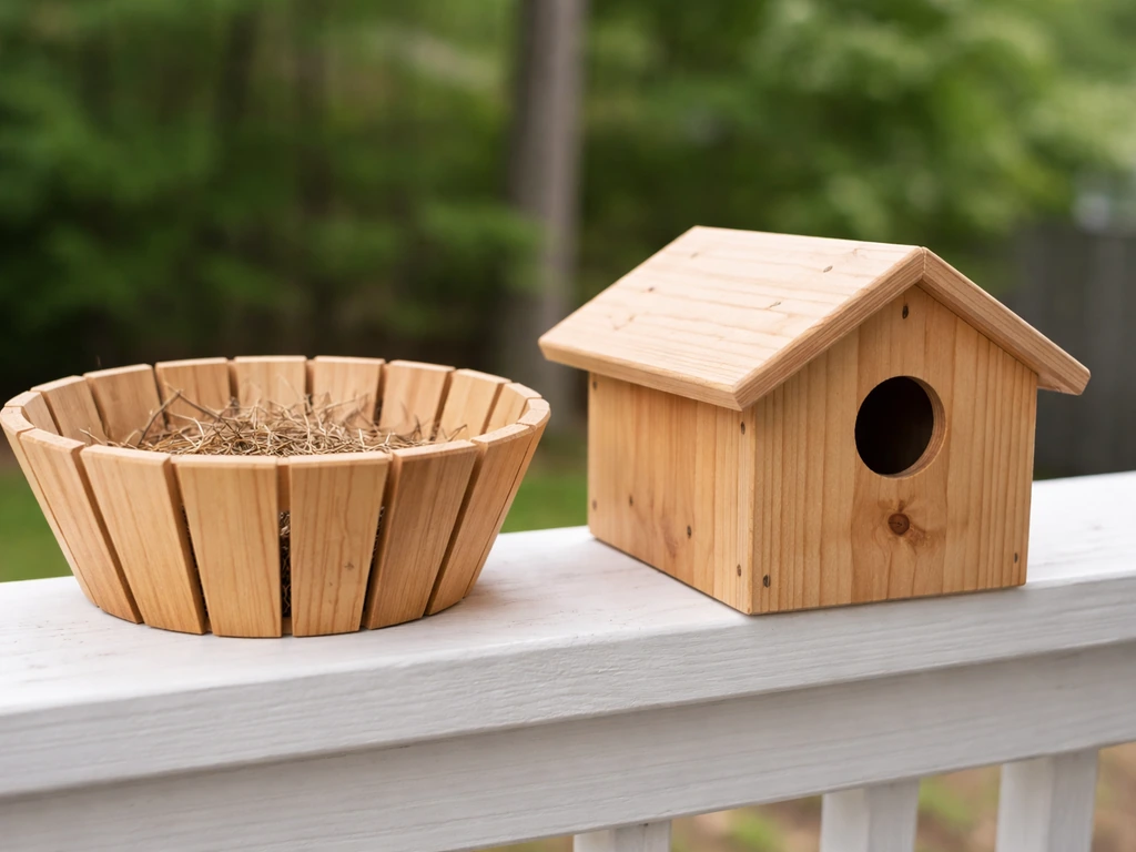 Two bird nesting setups on a porch: an open platform basket and an enclosed cavity box side by side.