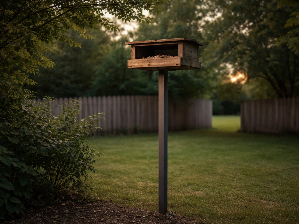 Platform-mounted dove nest box on a backyard post about 8–12 feet high with nearby shrubs and open flight path.
