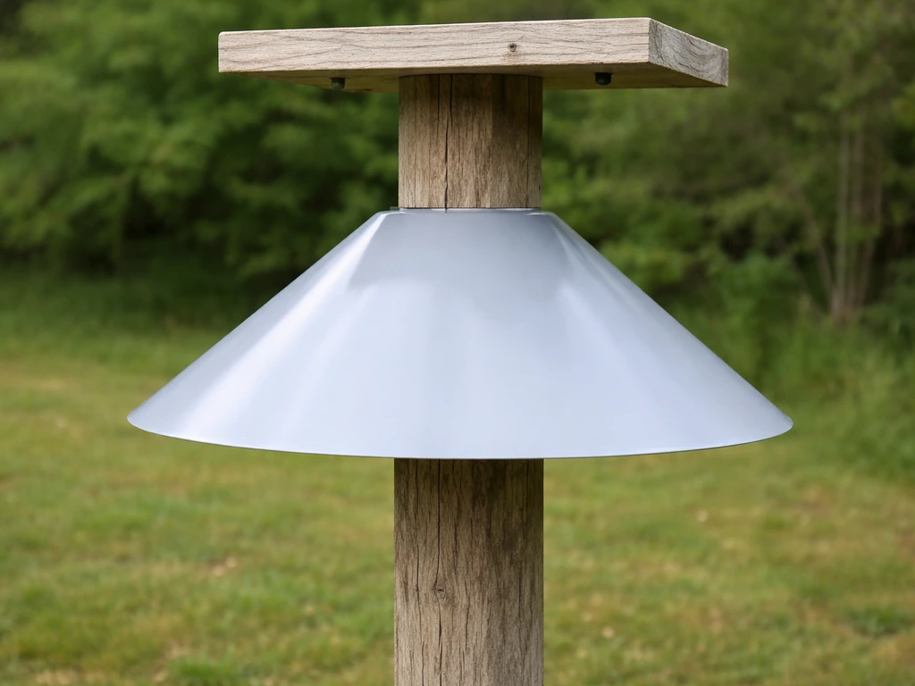 Close-up of a post-mounted nesting platform with a smooth metal baffle below to block climbing predators.