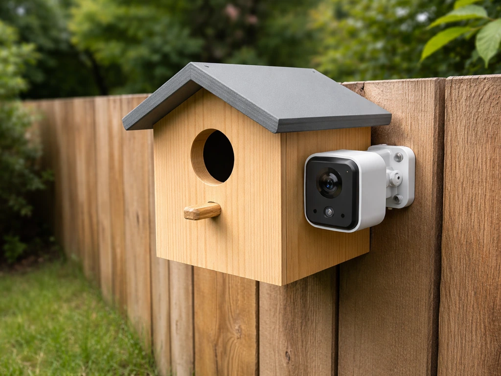 Backyard smart bird house with visible entrance and weatherproof camera module for safety monitoring.