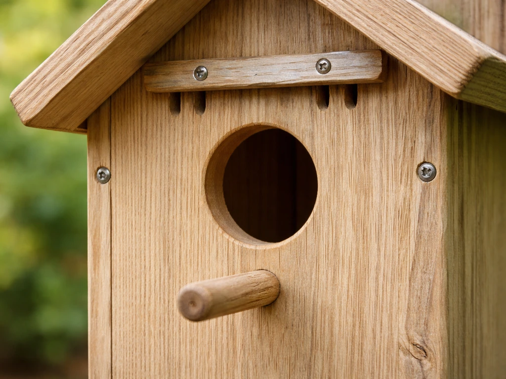 Close-up of a bird-safe wooden nesting box showing humane entrance area and non-harmful materials.