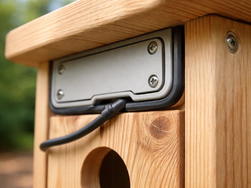 Macro view of a smart bird house showing weather-sealed electronics bay and safe cable routing