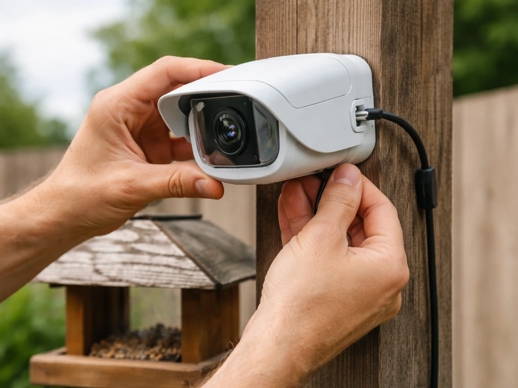 Person mounting a smart bird camera on a wooden post with weatherproof sealed housing in daylight