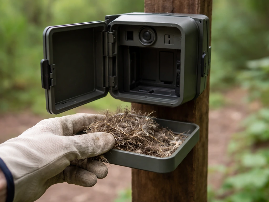Close-up of a smart wildlife monitoring camera with the side/top access open, old nesting material removed beside it.