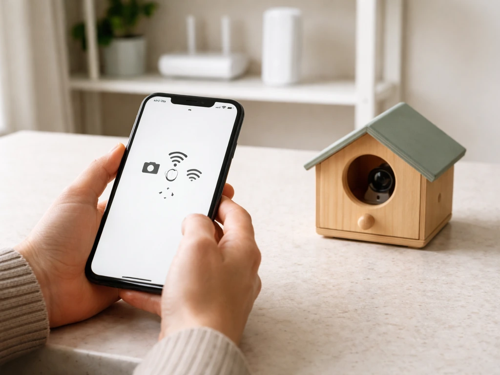 Hands holding a phone near a smart bird camera device, with a router/extender in the background to suggest Wi‑Fi trouble