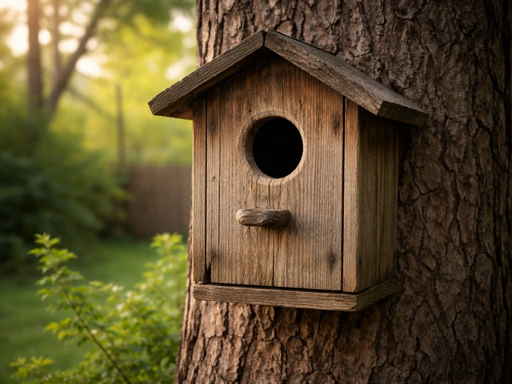 Rustic wooden birdhouse close-up on a tree with leaves and shrubs in soft background light