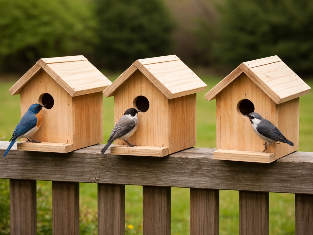 Three small backyard birdhouses with cavity-nesting birds perched near round entrance holes.