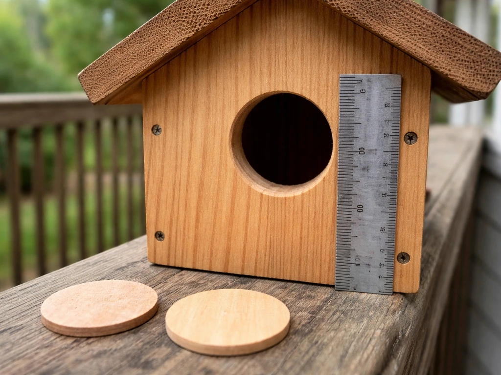 Close-up of a wooden birdhouse entrance hole with a ruler and size templates showing correct vs incorrect fit.