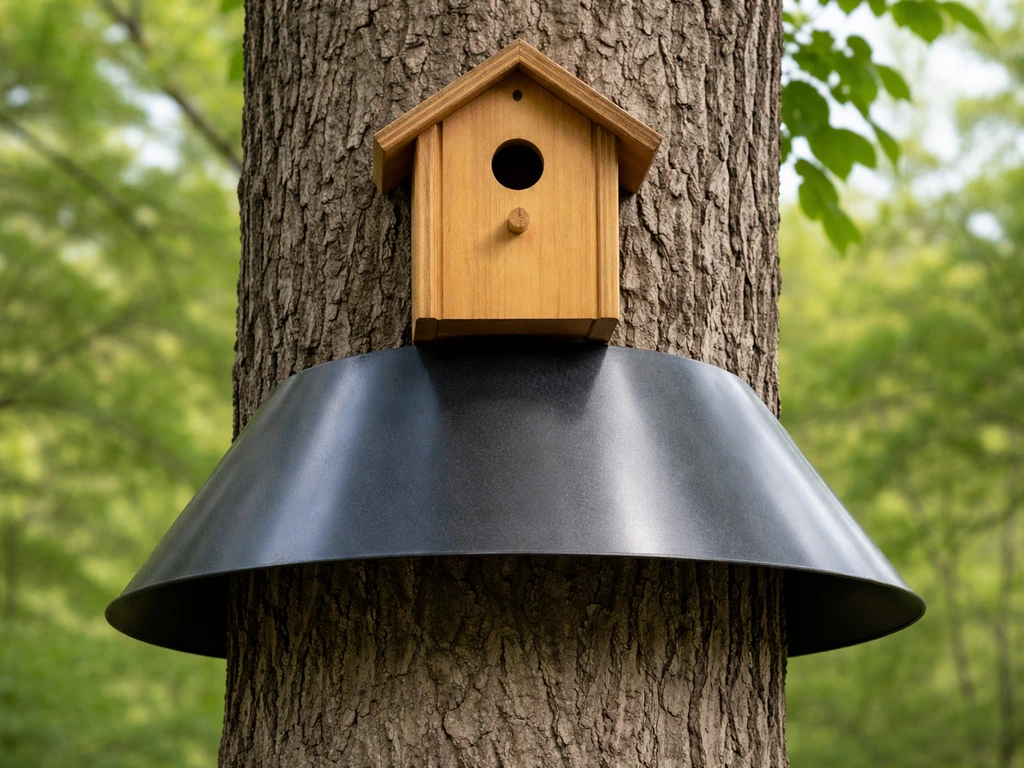Birdhouse on a tree trunk with a predator baffle/guard blocking reach to the entrance hole.