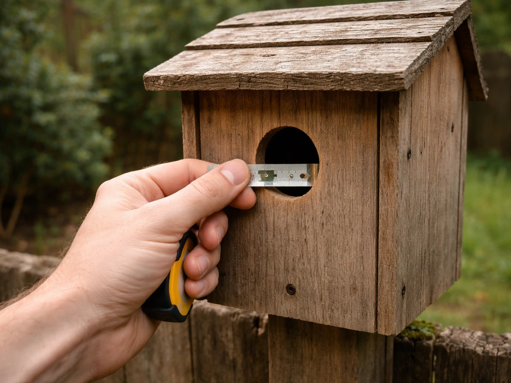 Hand measures the entrance hole on an empty birdhouse, with nearby shrubs blurred in the background.