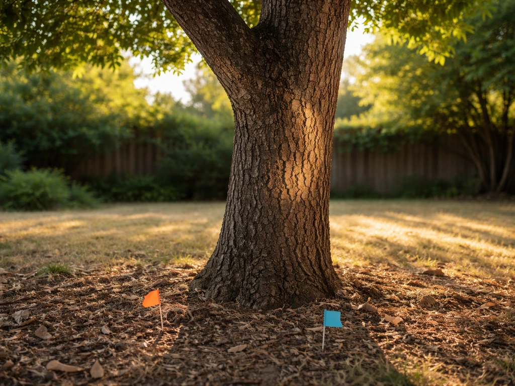 Ground-level walkaround view of a backyard tree with subtle markers showing sun, airflow, and sightlines for mounting a