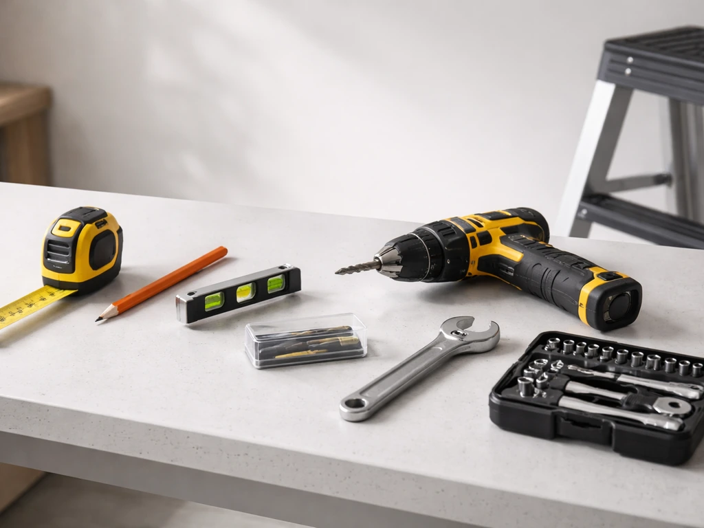 Tools laid out neatly on a workbench: tape measure, pencil, torpedo level, drill bits, wrench set, and step stool.