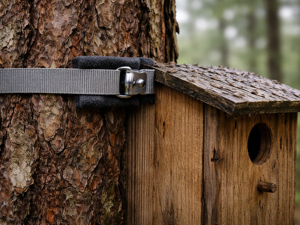Close-up of a birdhouse strapped safely to a tree with bark-friendly padding in rainy natural light