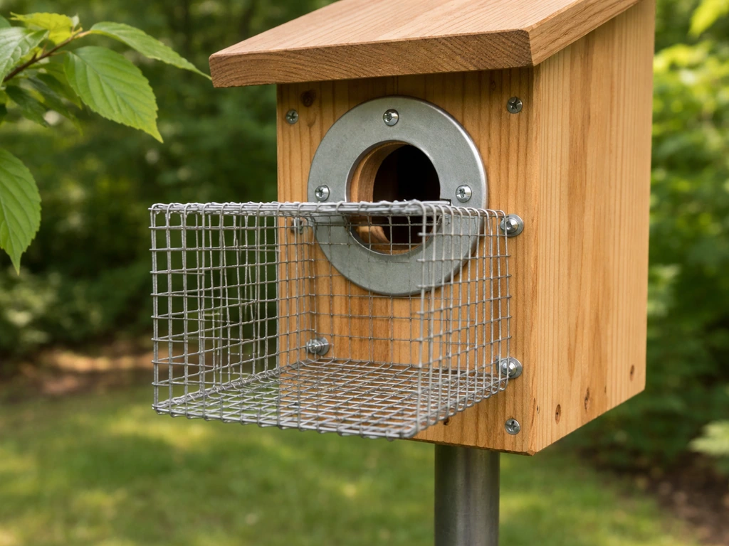 Mounted birdhouse on a pole with installed entrance guard and wire mesh cage extending outward
