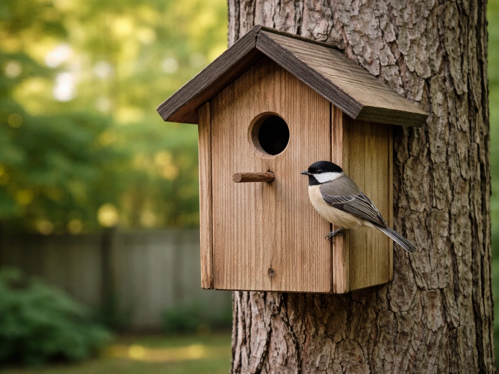 A wooden birdhouse on a tree post with a small songbird nearby in a backyard garden.