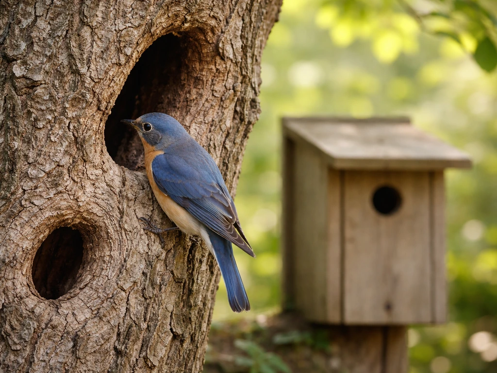 Bluebird perched by a tree cavity and a simple nest box in a quiet backyard.