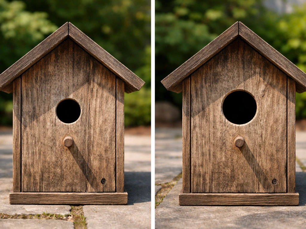Close-up comparison of two birdhouses showing different entrance-hole diameters for backyard birds.