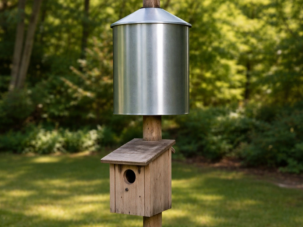 Cylindrical metal stovepipe-style predator baffle mounted on a pole above a nest box to block climbing predators