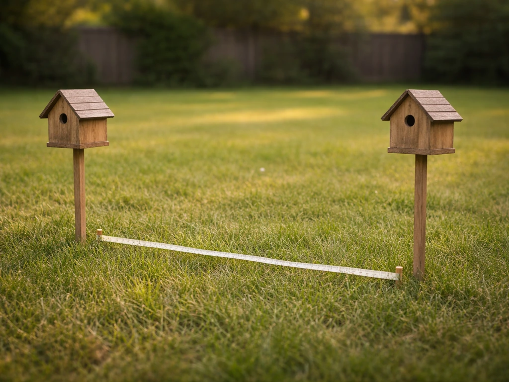 Two empty birdhouses spaced apart in a yard, with a measuring tape laid between them on grass