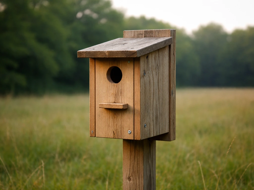 An Eastern bluebird-style nest box on a post with its entrance facing east toward an open field.